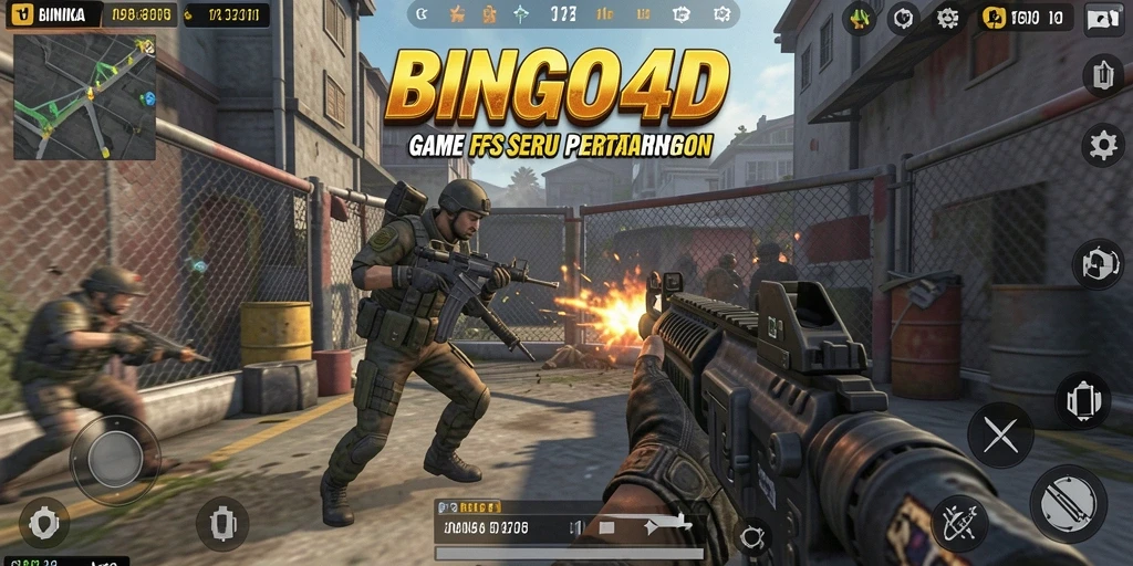 Screenshot gameplay BINGO4D menampilkan aksi mendebarkan dalam pertempuran FPS.