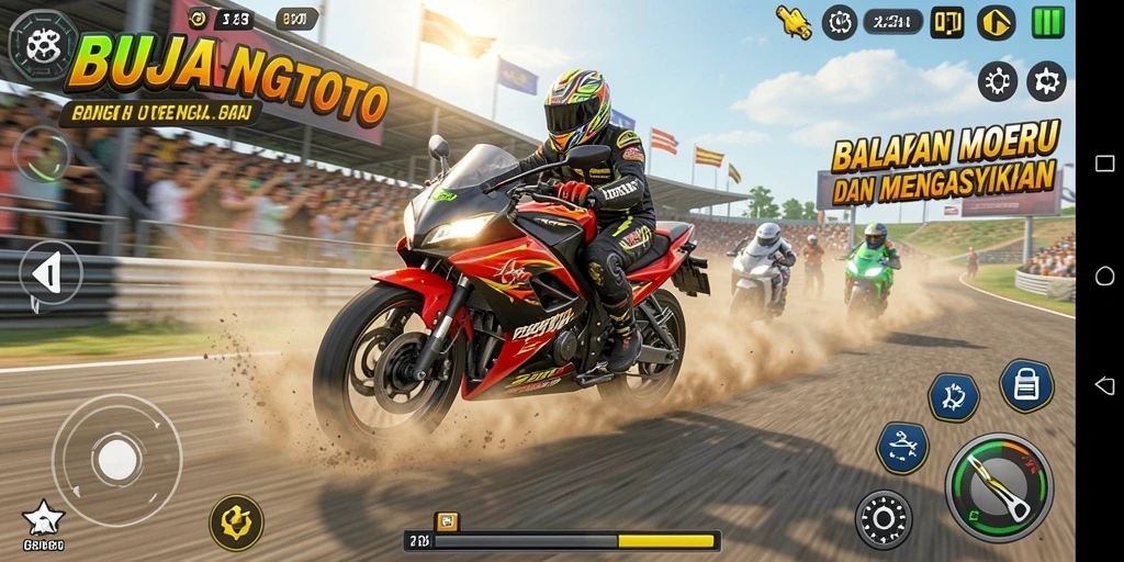 Tampilan gameplay BUJANGTOTO yang mendebarkan saat balapan motor.
