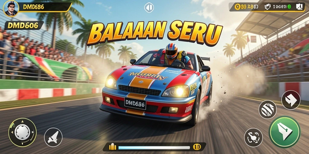 Tampilan gameplay balapan seru di DMD686 dengan mobil cepat dan trek menantang.
