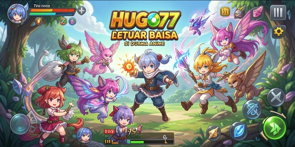 Tampilan menarik dari HUGO77 menunjukkan dunia anime yang penuh warna.