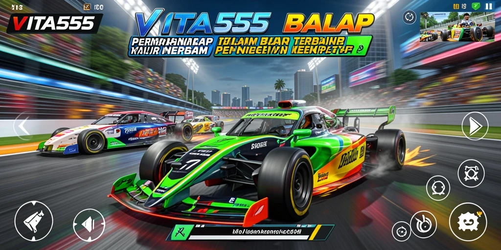 Tangkapan layar VITA555 menampilkan aksi balapan yang mendebarkan di lintasan.