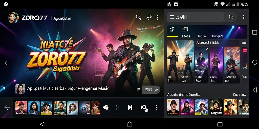 Screenshot gameplay ZORO77 menampilkan antarmuka aplikasi musik yang menarik.
